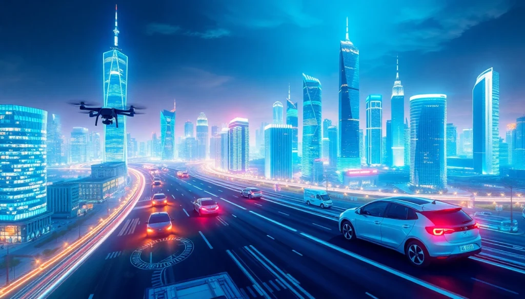 Show a modern city illuminated at night showcasing technology innovations like drones and electric vehicles.