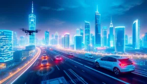 Show a modern city illuminated at night showcasing technology innovations like drones and electric vehicles.