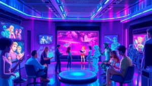 Futuristic AI chat scene with diverse characters engaging in role-play with holographic visuals and vibrant lighting.