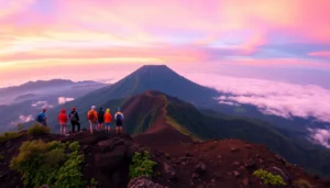 A stunning sunrise view of Mount Rinjani with hikers overlooking the crater rim, showcasing lush greenery and vibrant sky colors.