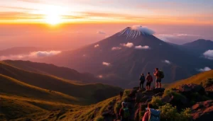 Hikers overlooking Mount Rinjani at sunrise, showcasing the mountain's majestic crater rim and lush surroundings.
