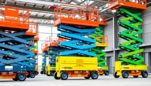 Efficient scissor lift rental service with versatile machinery on busy construction site for safe height work