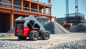 Dumper rental services on a busy construction site showing a mini dumper in use for quick material transport.