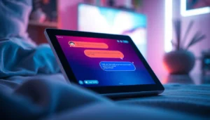 Close-up of a smartphone displaying a friendly AI chat conversation with colorful speech bubbles and a warm, glowing background.