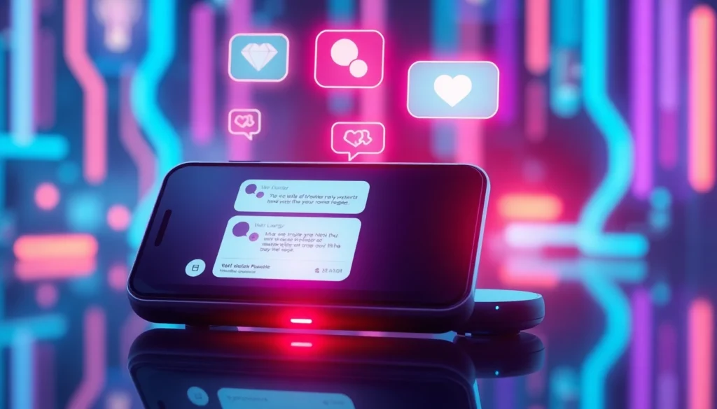 Futuristic AI chat device with neon holographic interface in a high-tech environment.