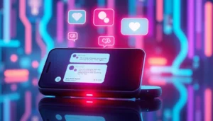 Futuristic AI chat device with neon holographic interface in a high-tech environment.