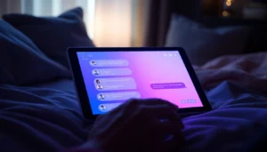 A futuristic chatbot on a sleek device screen with neon lighting in a cozy, dimly lit room.