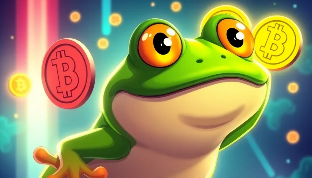 Pepe Coin Meme themed digital artwork showcasing Pepe the Frog with crypto coins and vibrant