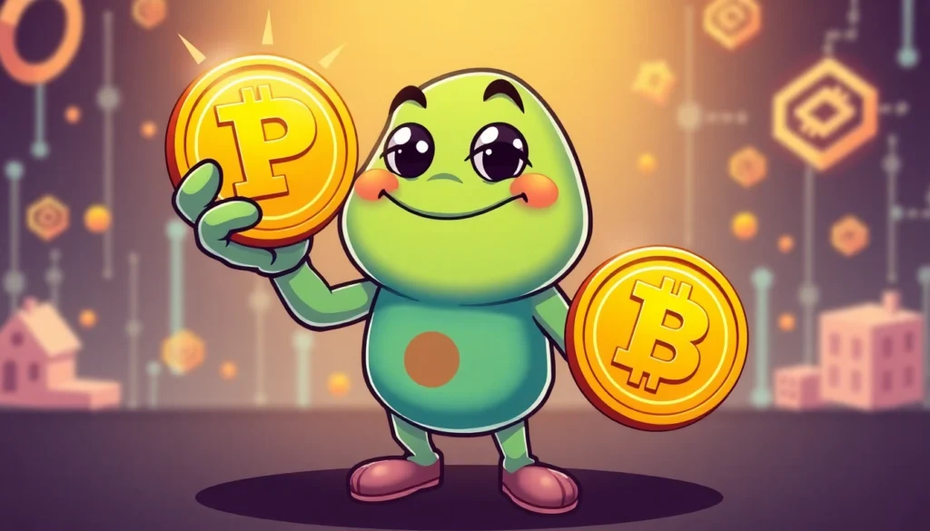 Pepe Coin Meme illustration with a playful Pepe holding a crypto coin in a vibrant digital setting