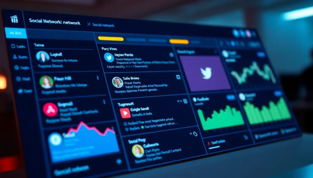 Illustration of a social media manager monitoring social network updates on a digital dashboard