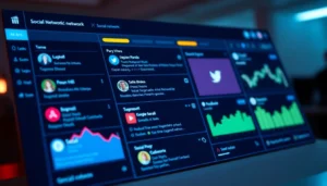 Illustration of a social media manager monitoring social network updates on a digital dashboard