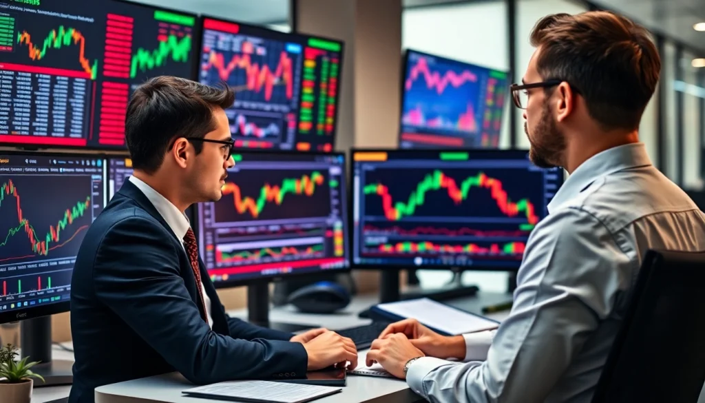 Financial analyst analyzing stocks and shares news charts with multiple screens for real-time