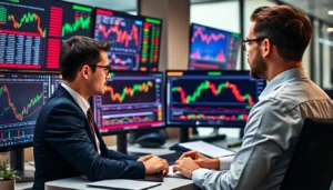 Financial analyst analyzing stocks and shares news charts with multiple screens for real-time