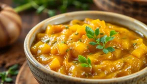Rich Sauteed Onion Paste served in a bowl with herbs, highlighting authentic flavor and smooth